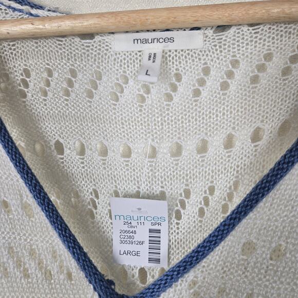Maurices Open Work Knit Sweater sz L Ivory Blue Ruched Cinch Tie V Neck NEW - Picture 9 of 14